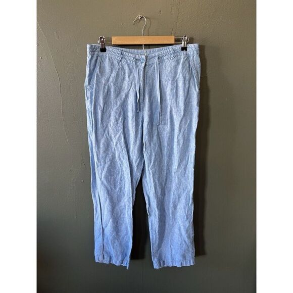 LL Bean Womens Blue Linen Straight Leg Pants w/ Drawstring Size 14 Classic Fit - Picture 1 of 4